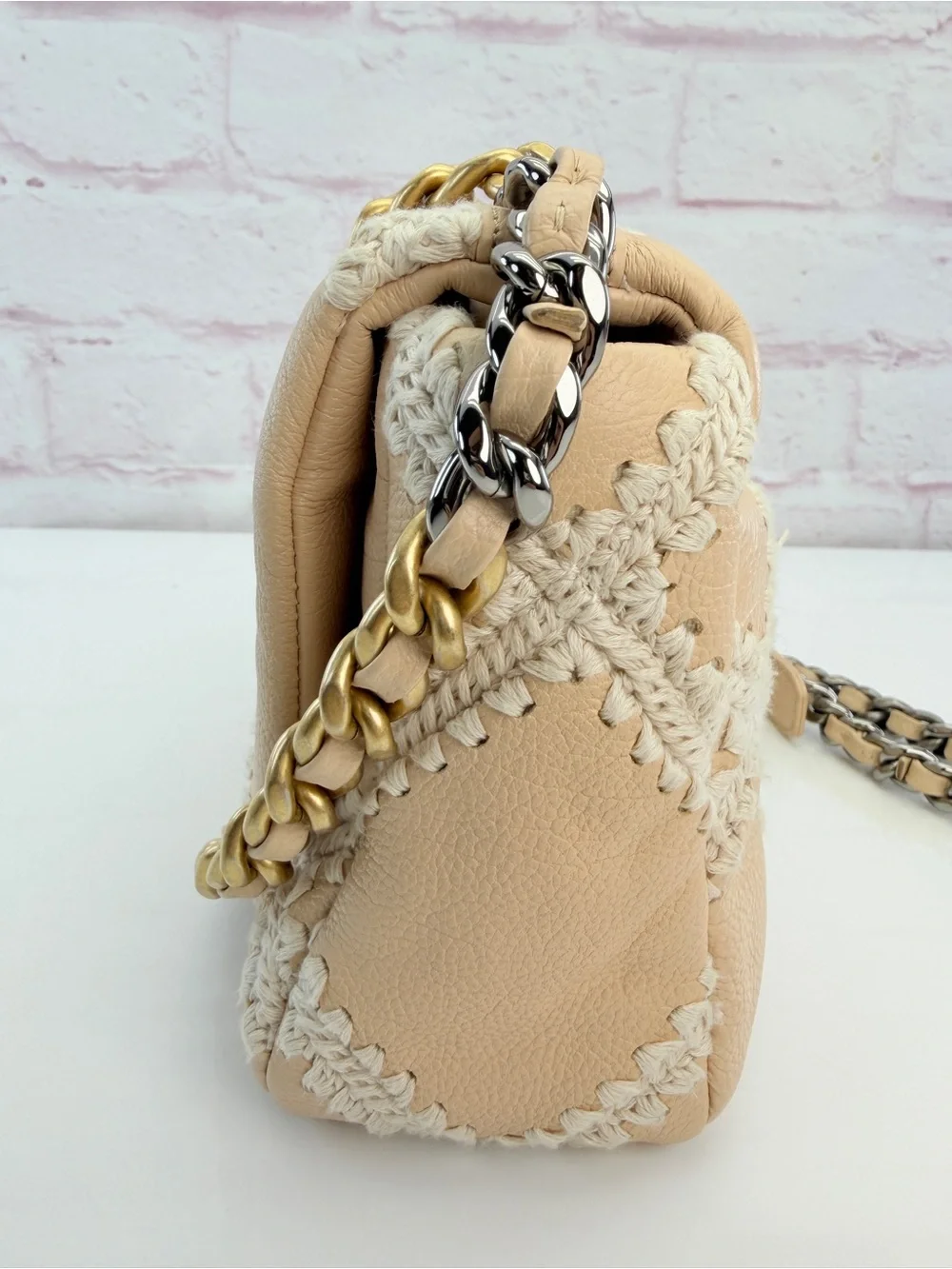 Chanel 19 Flap Medium Calfskin Crochet Shoulder Bag Beige